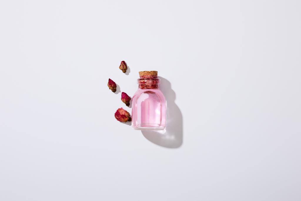 灰色の背景にバラ油とピンクの芽のボトルのトップビュー - 写真・画像