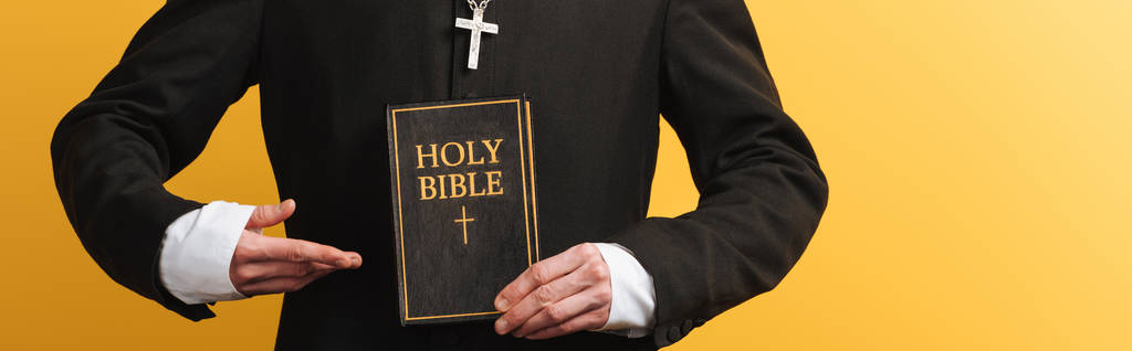 gedeeltelijk zicht op katholieke priester wijzend met de vinger naar heilige bijbel geïsoleerd op geel, panoramisch schot - Foto, afbeelding