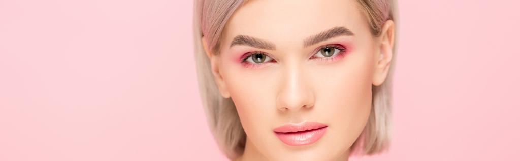 panoramic shot of attractive tender girl with pink makeup, isolated on pink - Photo, Image