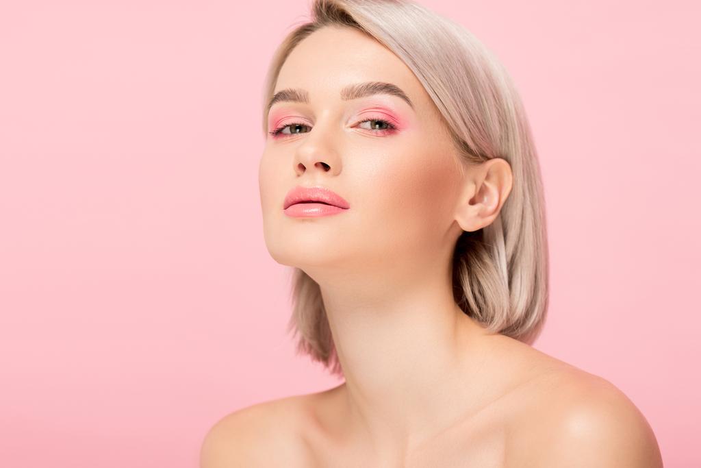 beautiful sensual girl with pink makeup, isolated on pink - Photo, Image