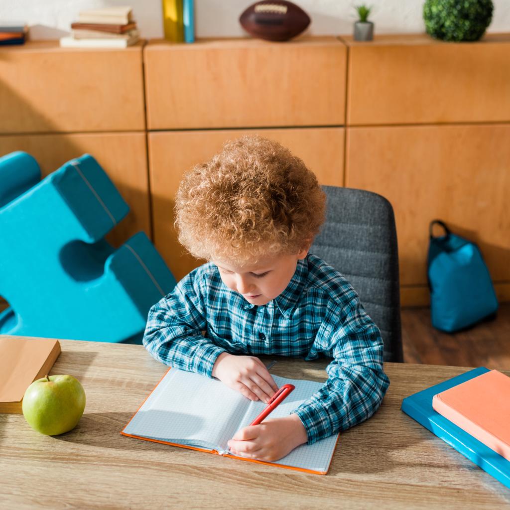 schattig slim kind schrijven in notebook in de buurt van boeken en appel  - Foto, afbeelding