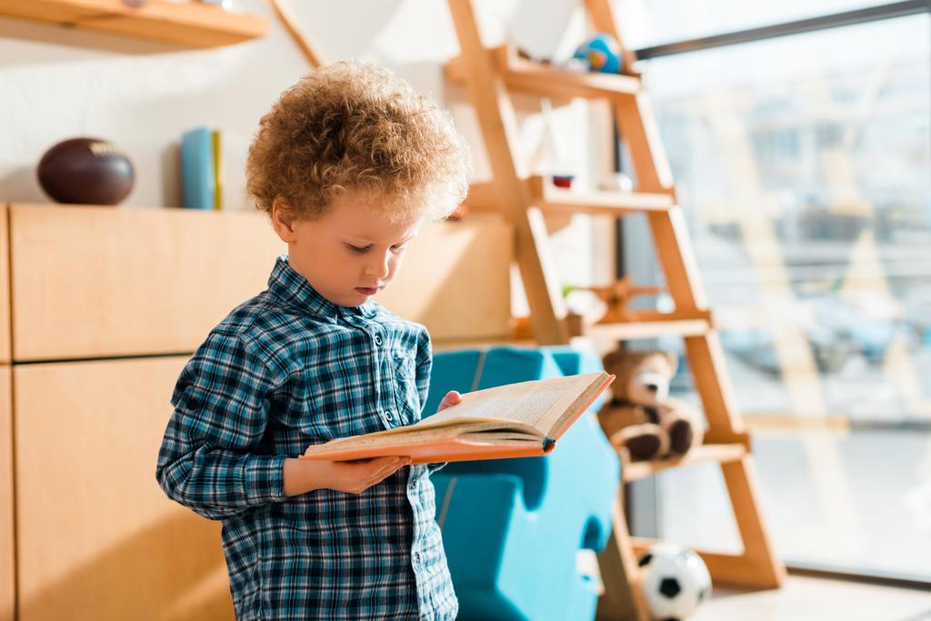 kudrnaté a chytré dítě čtení knihy doma - Fotografie, Obrázek