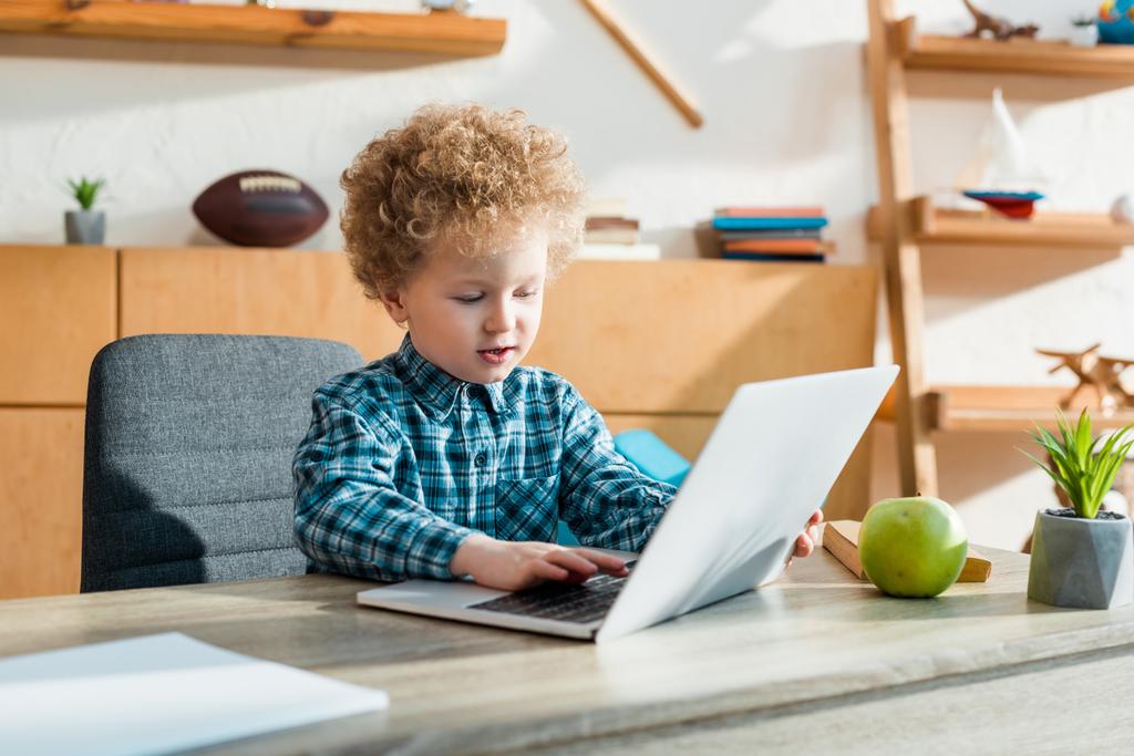 niño inteligente y rizado usando el ordenador portátil cerca de Apple
  - Foto, imagen