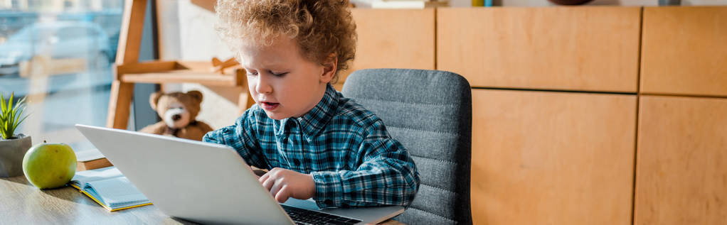plano panorámico de niño lindo usando el ordenador portátil en casa
  - Foto, imagen