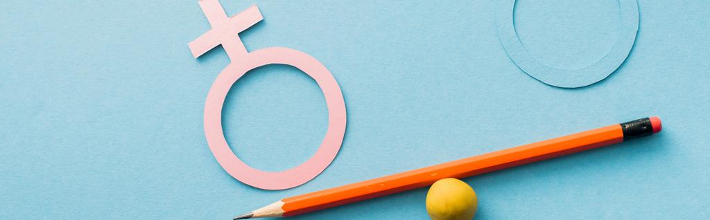 panoramic shot of scale of small ball and pencil with different genders isolated on blue, sexual equality concept  - Photo, Image