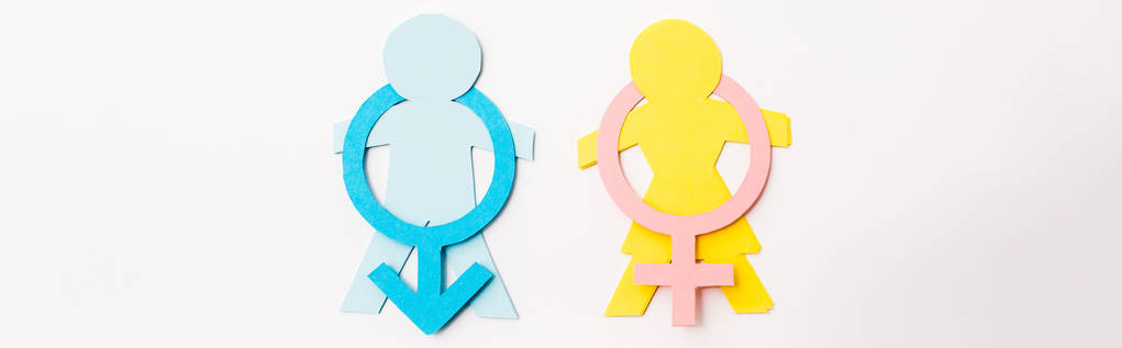 panoramic shot of colorful paper cut people near gender signs isolated on white, sexual equality concept  - Photo, Image