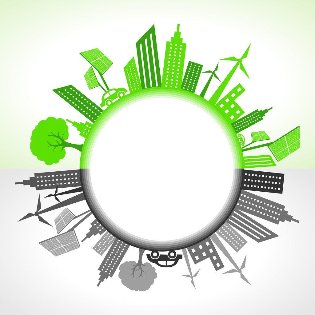 Эко и загрязненный город вокруг круга
 - Вектор,изображение