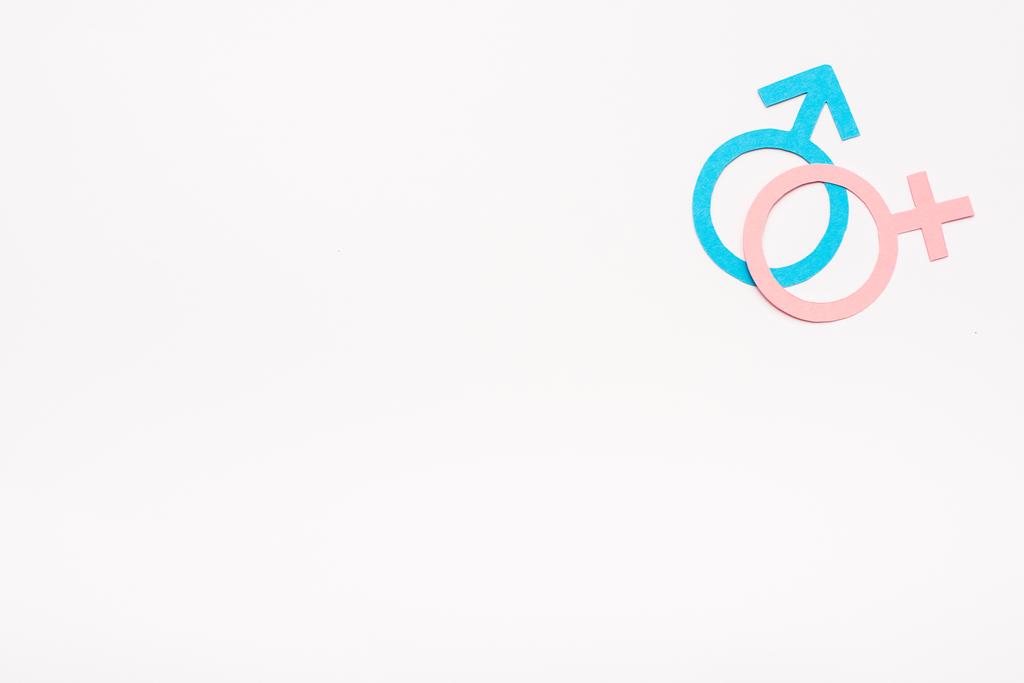 blaue und rosa Geschlechtersymbole isoliert auf weißem, sexuellem Gleichstellungskonzept  - Foto, Bild