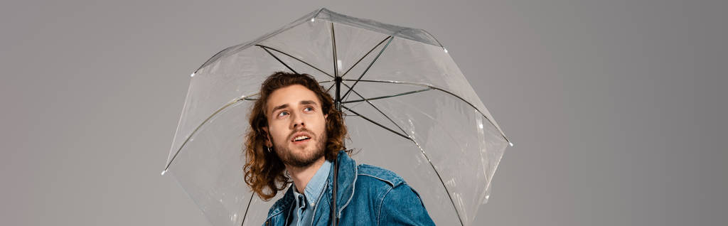 panoramiczne ujęcie przystojnego i zszokowanego mężczyzny w dżinsowej kurtce trzymającego parasol odizolowany na szaro - Zdjęcie, obraz