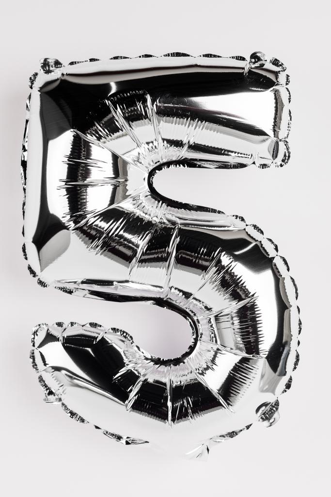 Silver balloon in shape of five number on grey background - Photo, Image