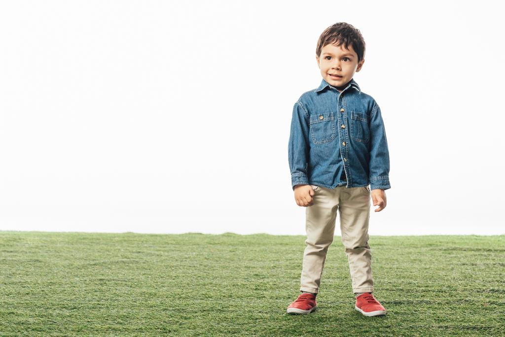 uśmiechnięty i uroczy chłopiec stojący na trawie odizolowany na białym  - Zdjęcie, obraz
