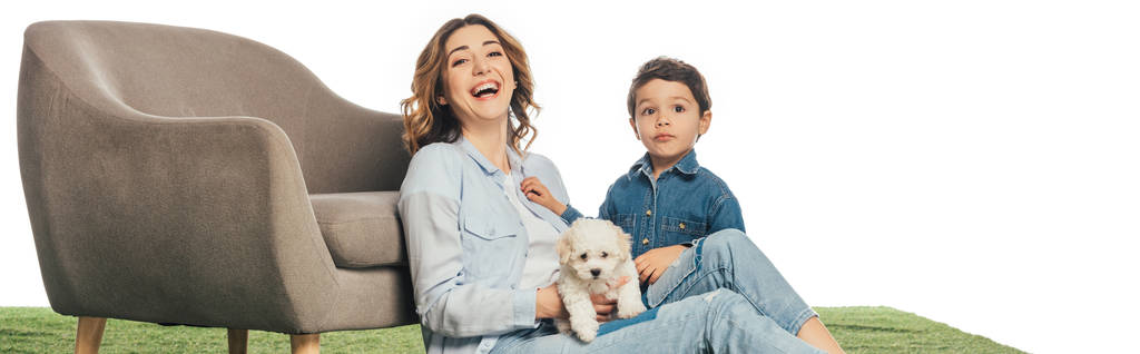 panoramic shot of smiling mother with Havanese puppy and son looking at camera isolated on white - Photo, Image