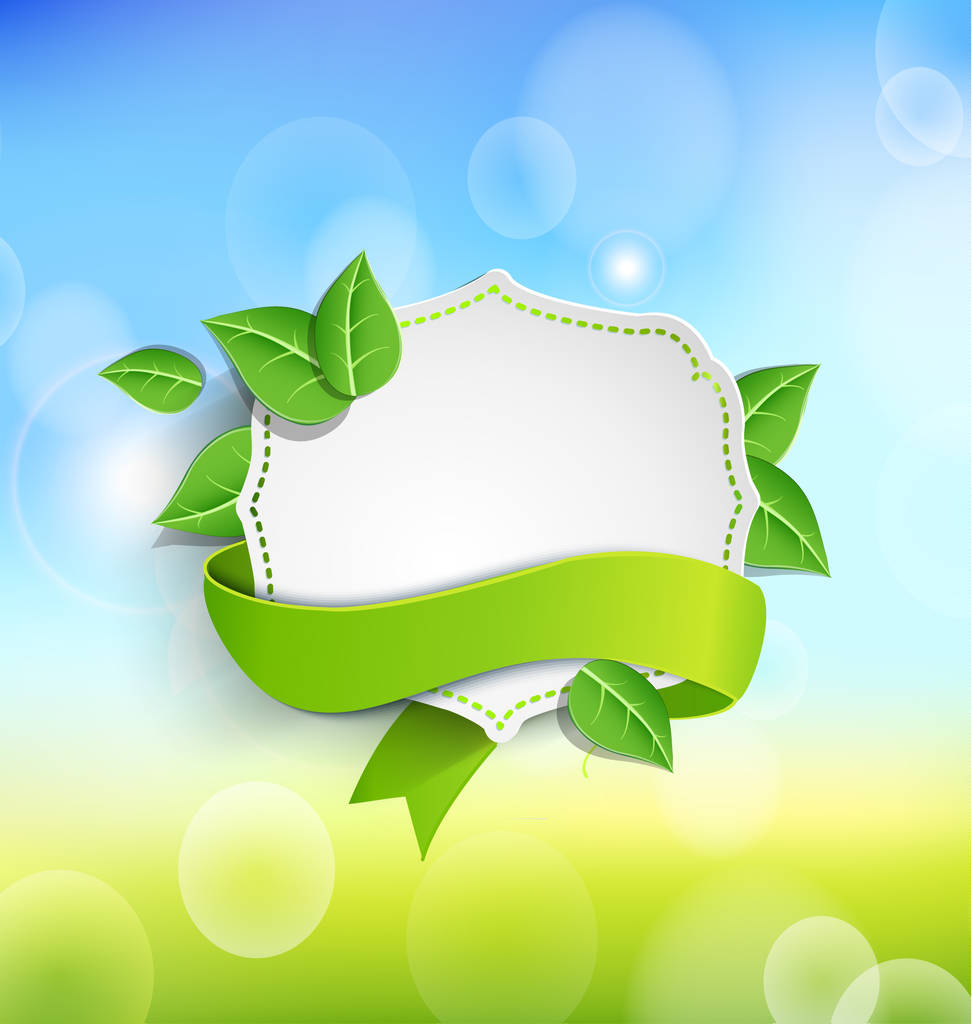 Винтажная рамка с зеленой лентой на фоне листьев бумаги и весеннего боке фона. Векторная иллюстрация
. - Фото, изображение