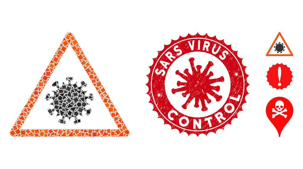 コロナウイルスで不要な要素のコラージュ星のウイルス警告アイコンテクスチャ星のウイルス制御シール - ベクター画像