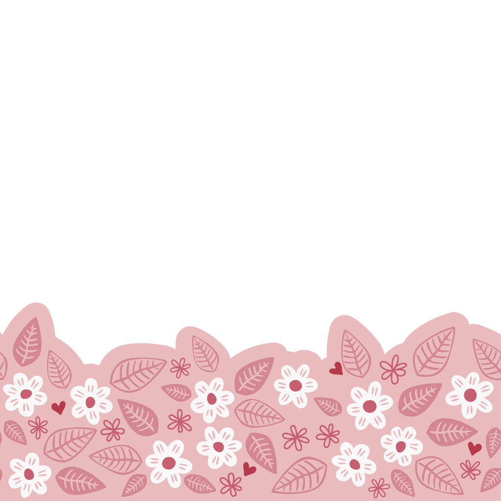pequenas flores brancas e rosa e folhas bagunçadas no prado florescendo sazonal floral sem costura inferior fronteira horizontal no fundo rosa
 - Vetor, Imagem