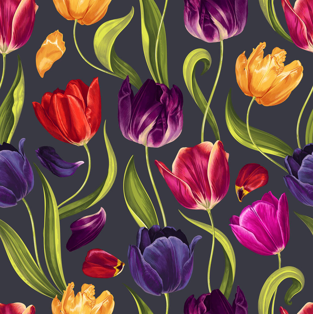 Seamless floral pattern with multi-colored tulip flowers - Vektör, Görsel