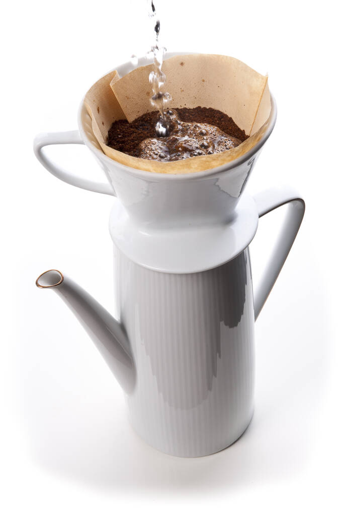 xícara de café com leite e chocolate no fundo branco - Foto, Imagem