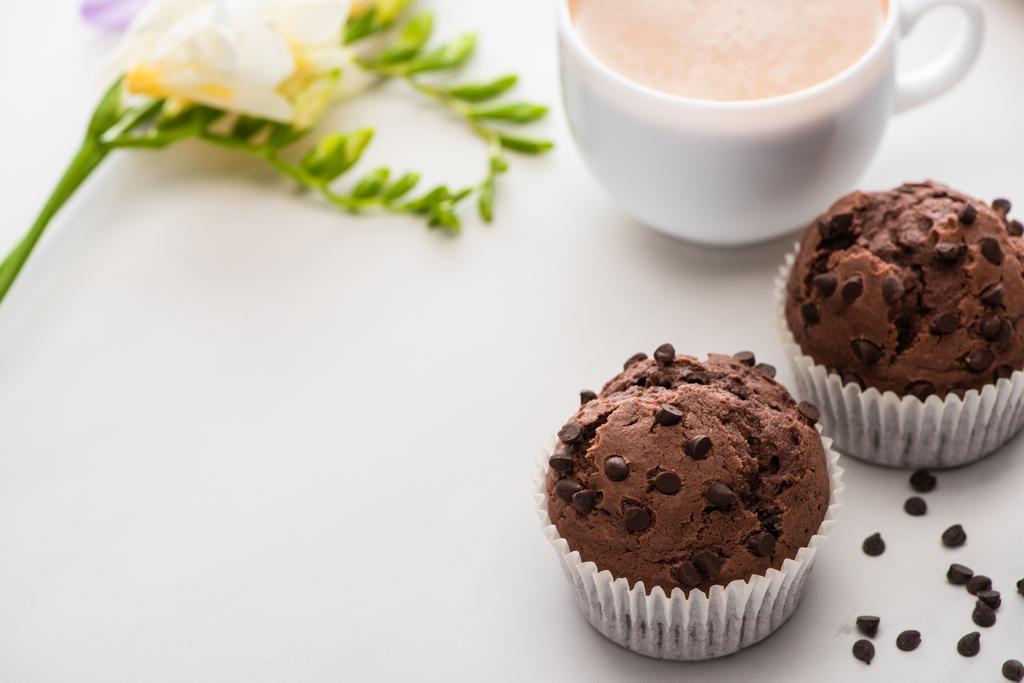 verse chocolade muffins in de buurt van planten en koffie op marmeren oppervlak - Foto, afbeelding