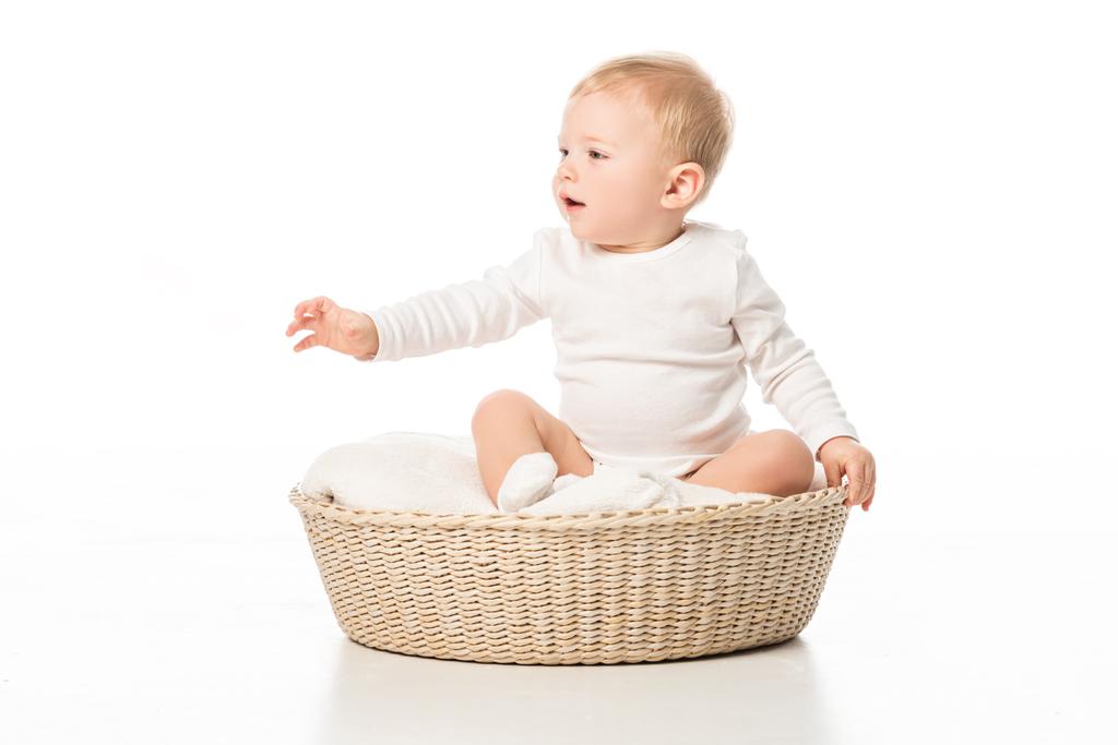 Enfant mignon regardant loin avec la main tendue et la bouche ouverte dans le panier sur fond blanc
 - Photo, image