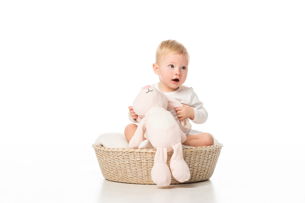Schattig kind met open mond met roze konijn en zitten in mand op witte achtergrond - Foto, afbeelding