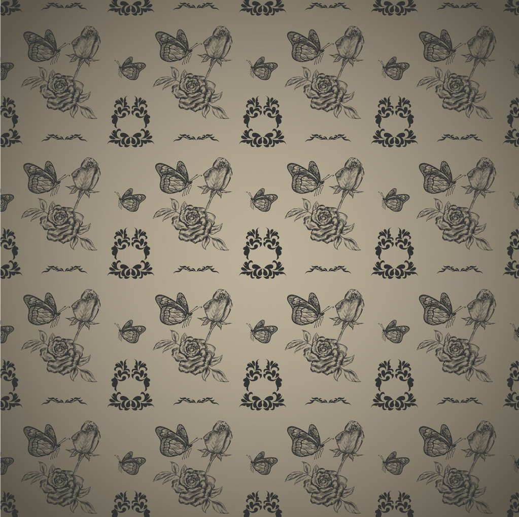 Seamless pattern roses and butterflies. Vector illustration - Vector, Image
