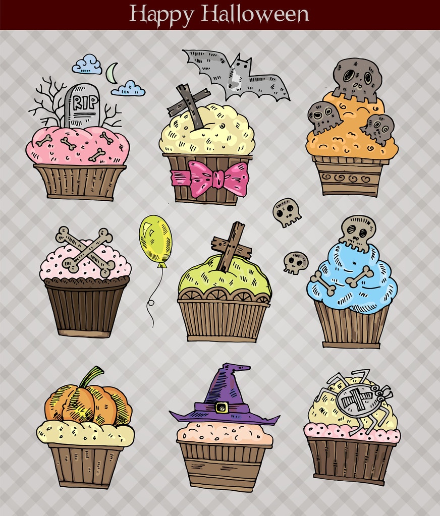 Niedliche Halloween-Muffins Set. Vektorillustration - Vektor, Bild