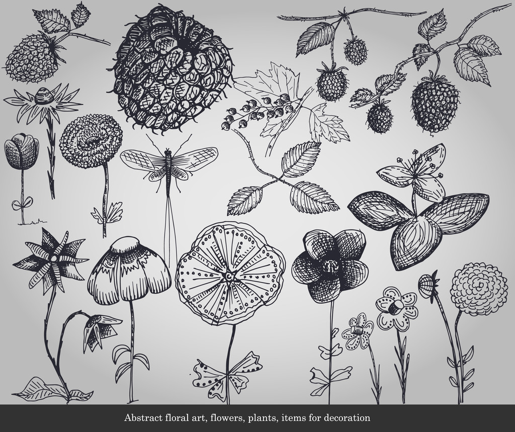 abstraktní květinové umění, květiny, rostliny, předměty k dekoraci na šedém pozadí - Vektor, obrázek