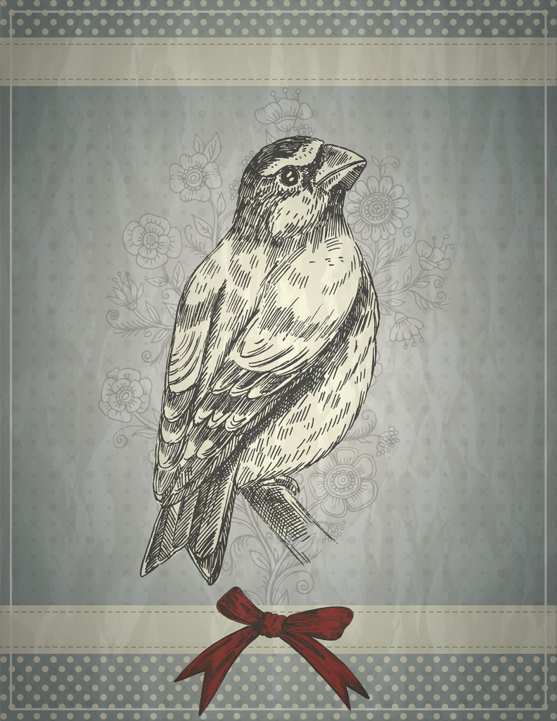Grußkarte im Retro-Stil mit Vogel und roter Schleife - Vektor, Bild