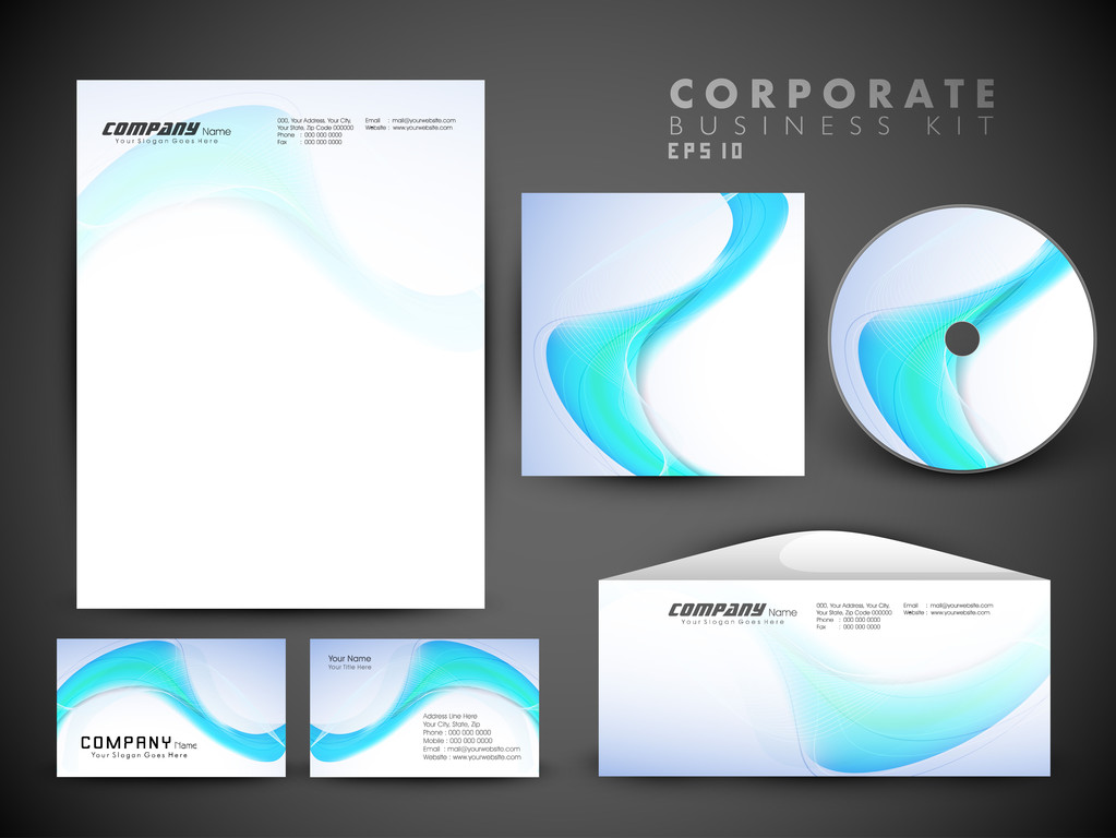 El kit de identidad corporativa profesional o el kit de negocios con efecto de onda artística y abstracta para su negocio incluye portada de CD, tarjetas de visita, sobres y diseños de cabeza de carta en formato EPS 10
. - Vector, Imagen