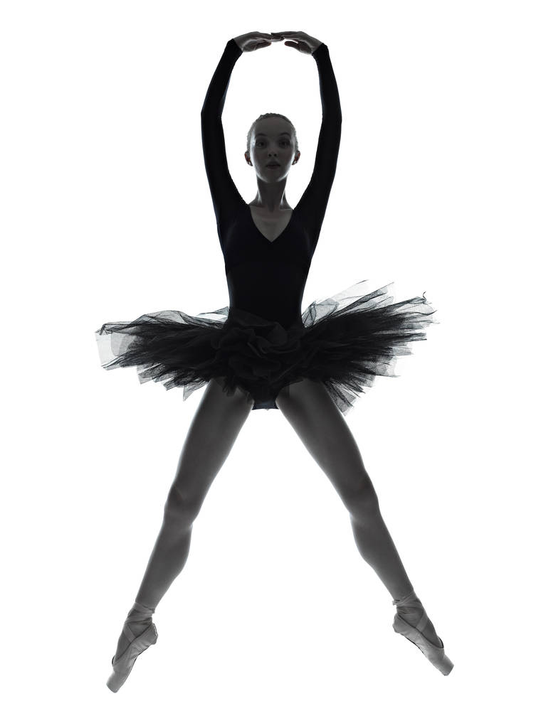 um caucasiano jovem bailarina bailarina bailarina dançando com tutu no estúdio silhueta no fundo branco
 - Foto, Imagem