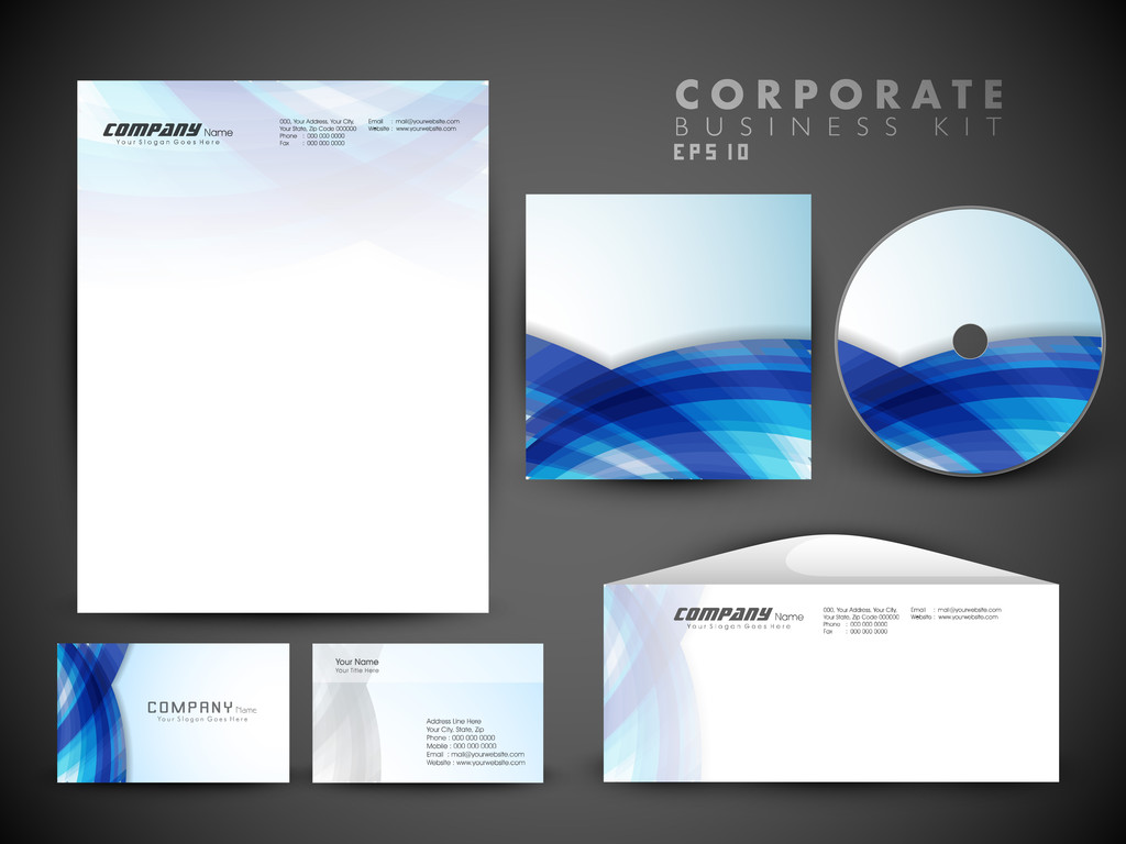 El kit de identidad corporativa profesional o el kit de negocios con efecto de onda artística y abstracta para su negocio incluye portada de CD, tarjetas de visita, sobres y diseños de cabeza de carta en formato EPS 10
. - Vector, Imagen