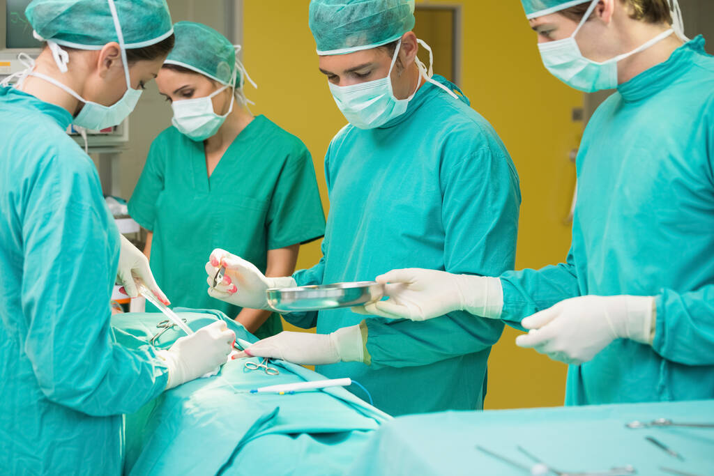 Blick auf einen Krankenpfleger, der einem Chirurgen in einem Operationssaal einen Container übergibt - Foto, Bild