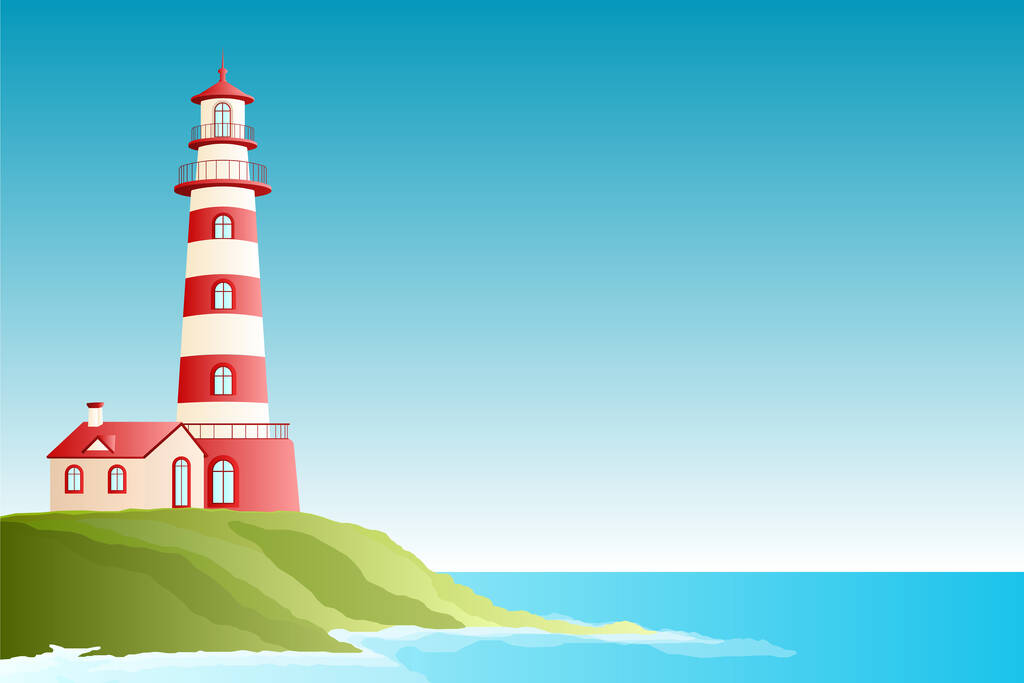 Rode vuurtoren en uitzicht op zee - Papercut stijl of ambachtelijke stijl - Vector Illustratie - Foto, afbeelding