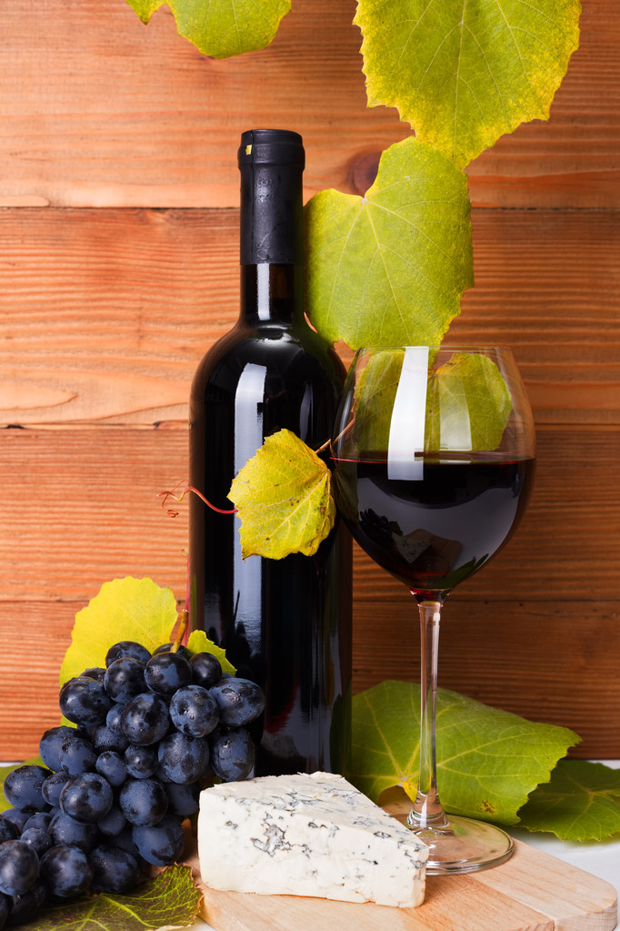 rode wijn met kaas hapjes en blauwe druif - Foto, afbeelding