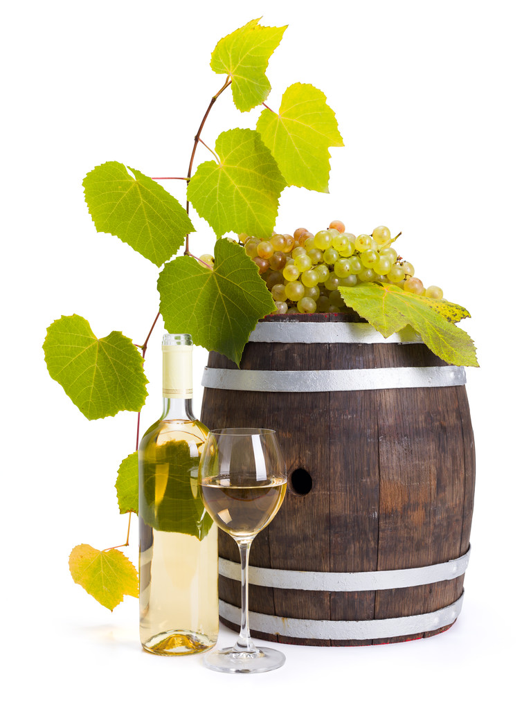 Vino blanco con barril viejo y uvas
 - Foto, imagen