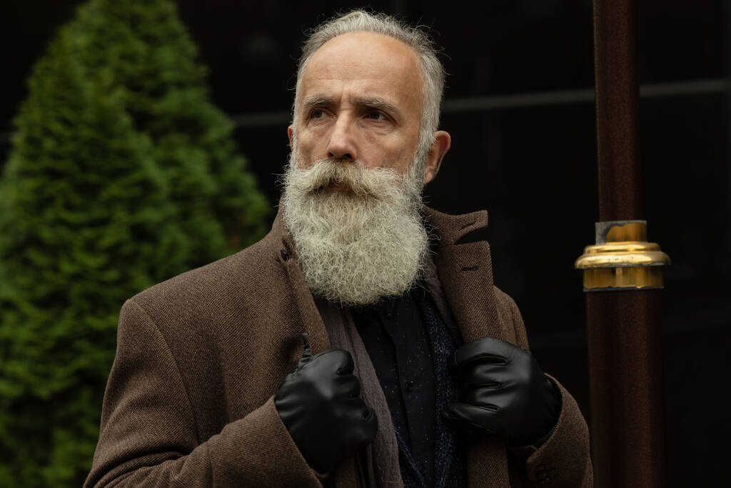 Hombre mayor de moda con el pelo gris y la barba está al aire libre en la calle
. - Foto, Imagen