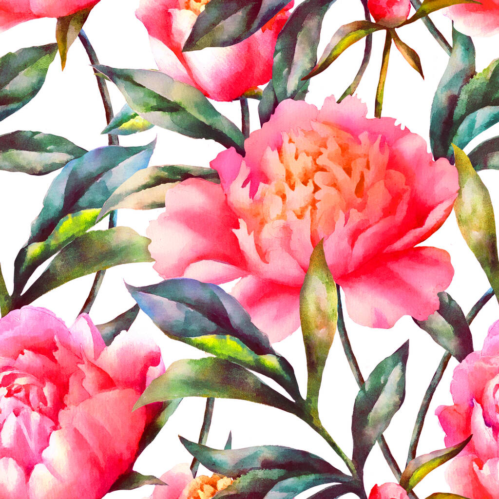 Watercolor hand paint pink peonies and leaves,seamless pattern. - Photo, Image
