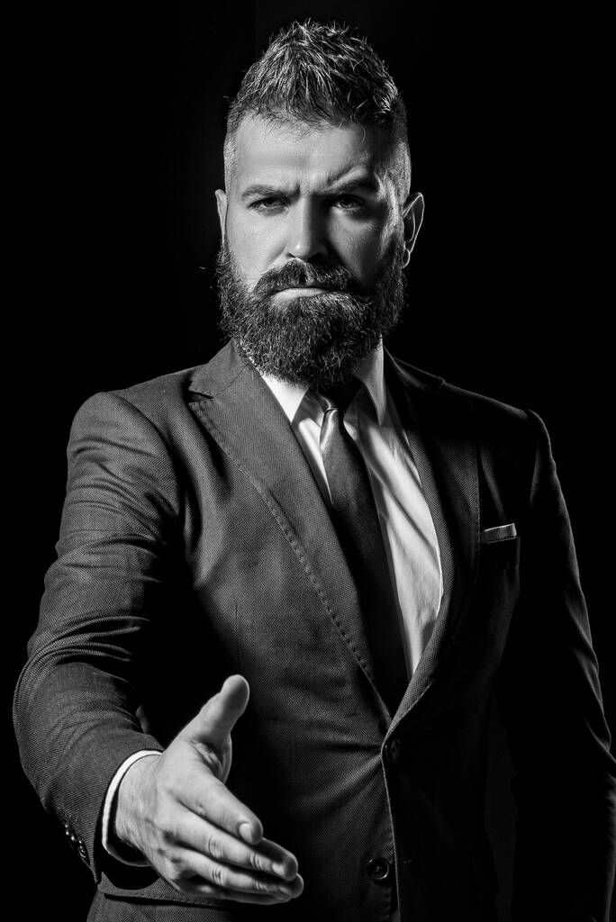 Businessman portrait Welcome to business. Ready to work. Businessman greeting. Power man and business. Serious business man congratulation. - 写真・画像