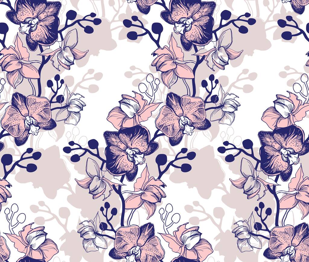 Elegant seamless pattern with orchids hand drawn flowers. - Vektör, Görsel