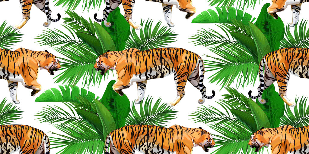 Тропические обои с тиграми и листьями
 - Вектор,изображение