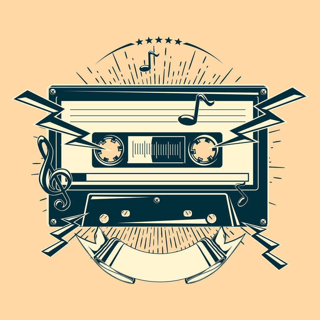 Audio cassette trendy monochrome music emblem - Vector, Image