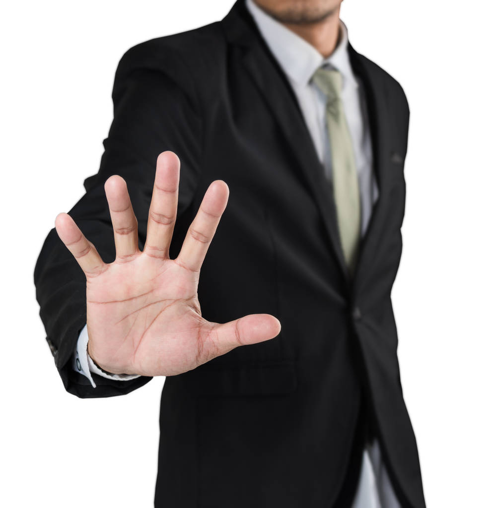 Бізнесмен з піднятою відкритою рукою роблячи без більше жестів, без Концепції, зупиніть гестуру ізолювати на білому тлі - Фото, зображення