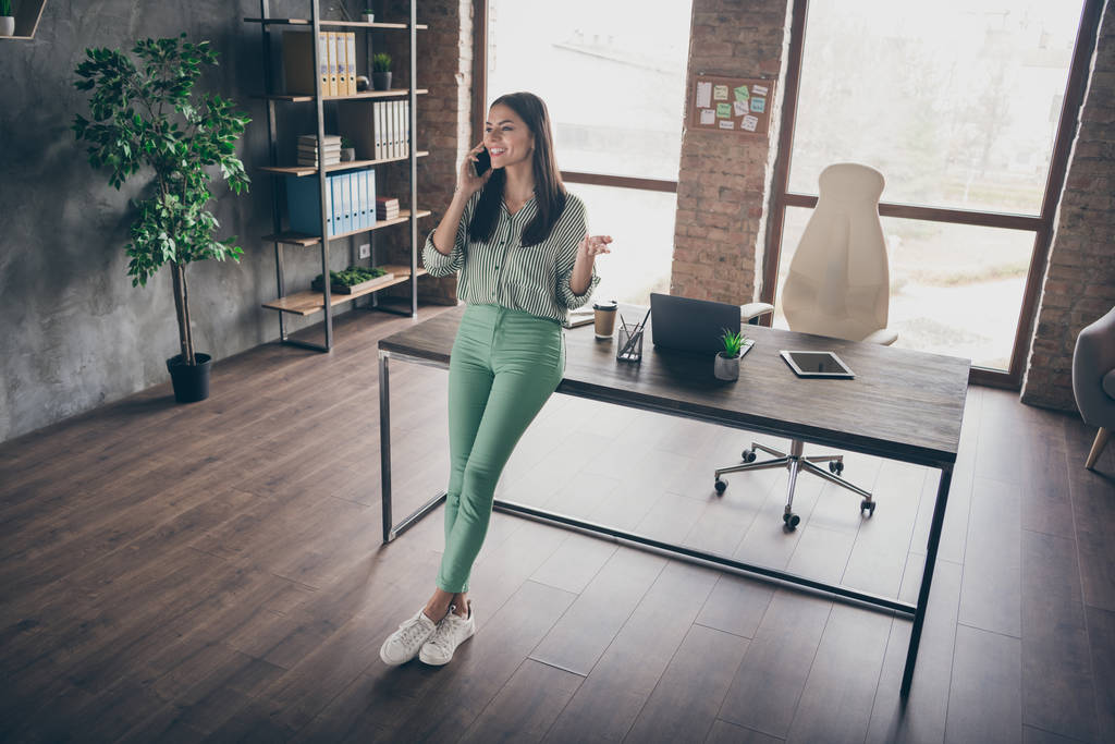 Full length body size view of her she nice cheerful successful lady calling candidate inviting for interview new job at modern industrial brick loft interior style work place station open space - 写真・画像