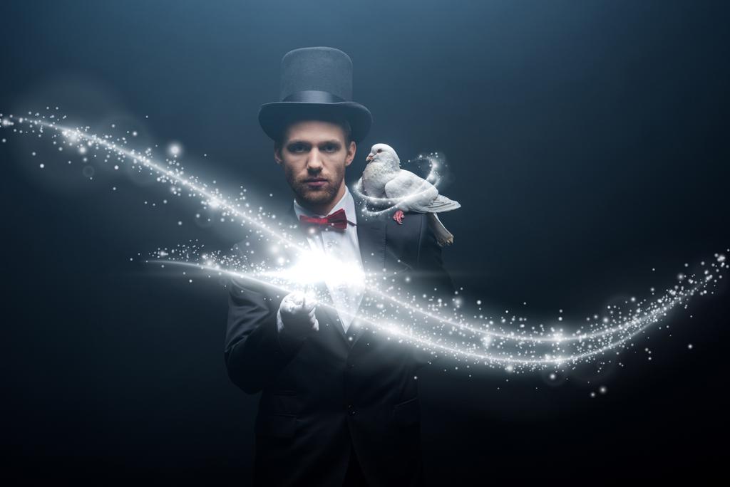 dove sitting on shoulder of young magician in hat with wand in dark room with smoke and glowing illustration - Photo, Image