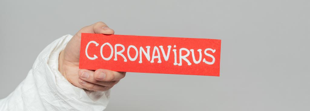 cropped view of epidemiologist holding warning card with coronavirus inscription isolated on grey, panoramic shot - Photo, Image