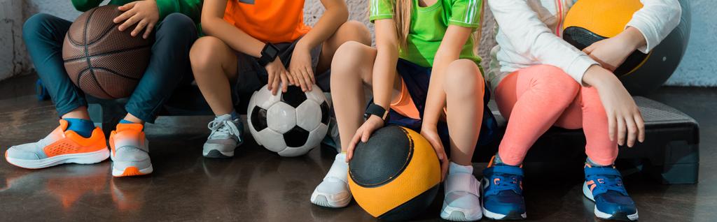 Gestroopt uitzicht op kinderen zitten op stap platforms met ballen in de sportschool, panoramisch schot - Foto, afbeelding
