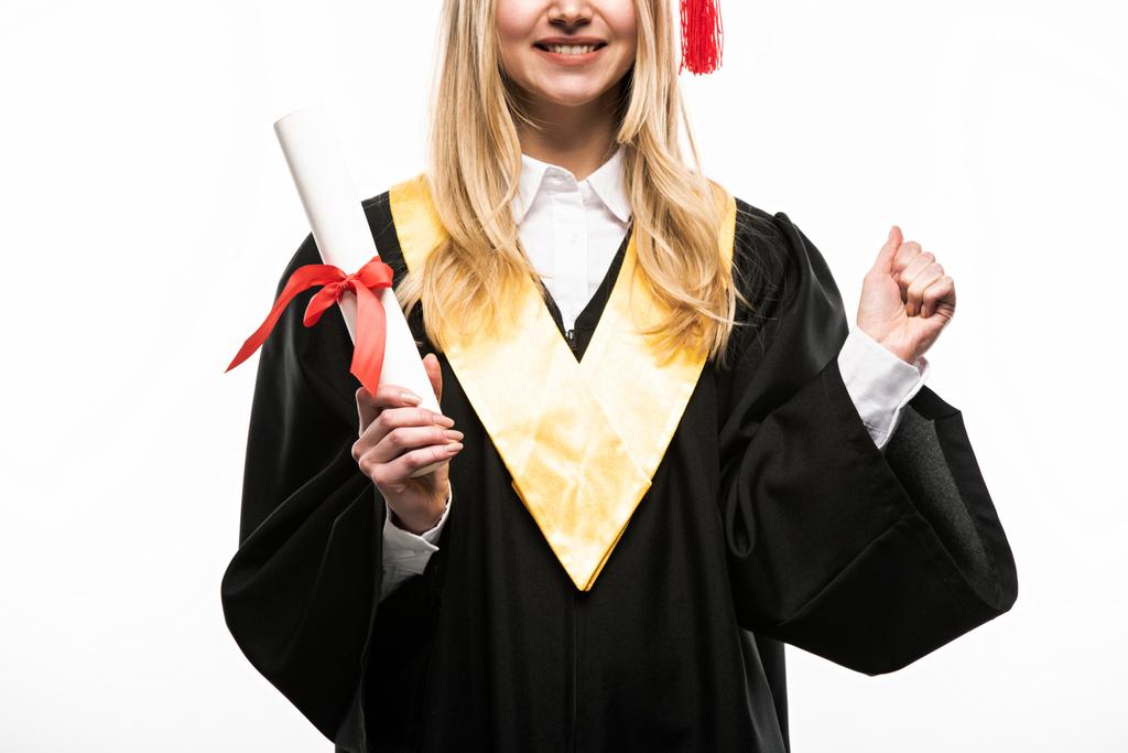 Front view of happy student holding diploma isolated on white - Photo, Image