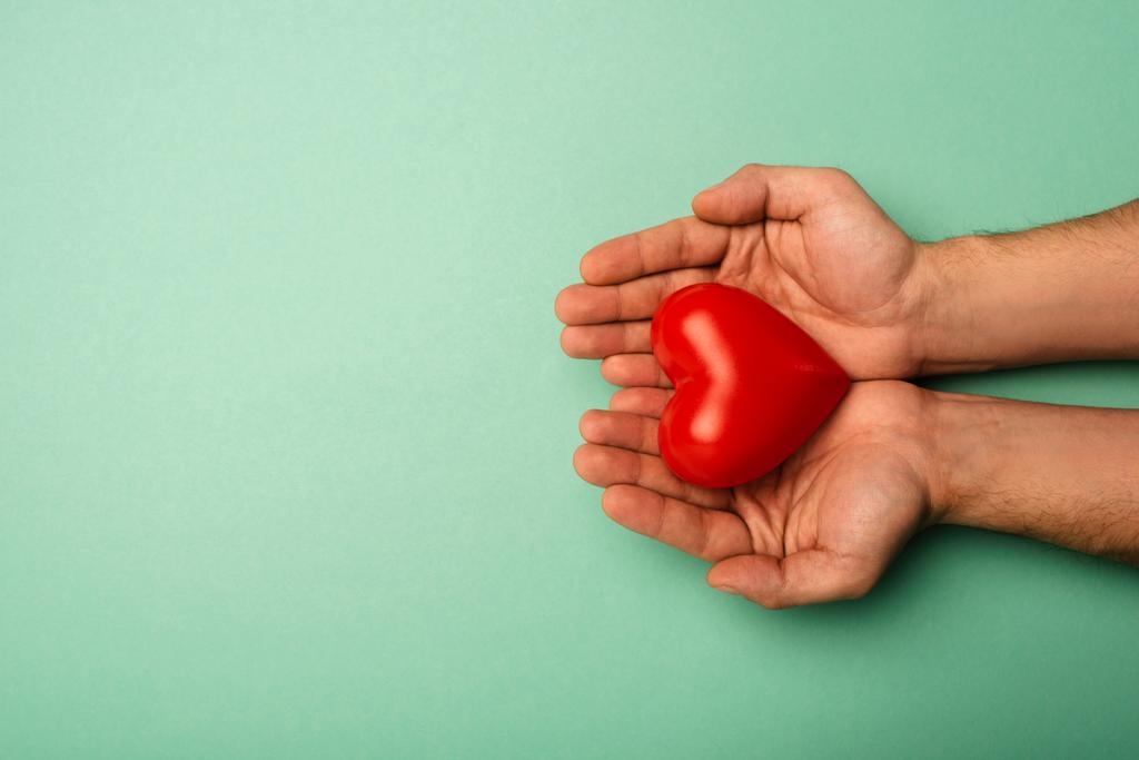 Vista superior del hombre que sostiene el corazón rojo decorativo sobre fondo verde, concepto del día de la salud mundial
 - Foto, imagen