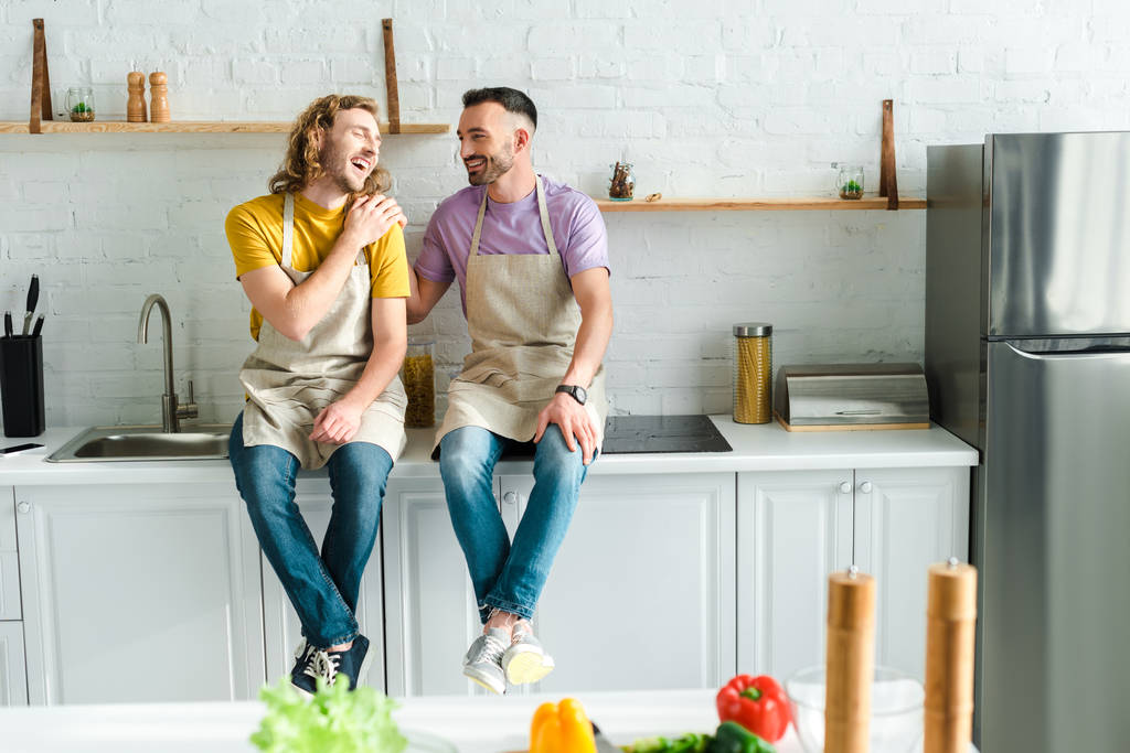 szelektív fókusz boldog homoszexuális férfiak mosolygott a konyhában  - Fotó, kép