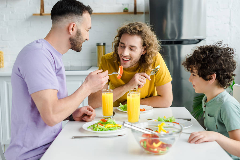 Mutlu homoseksüel erkekler melez oğullarıyla salata yiyorlar.  - Fotoğraf, Görsel